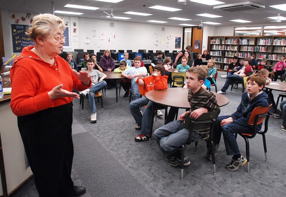GVL / Courtesy - Joe Tamborello, Journal Standard
Magda Brown speaks to students at Lena-Winslow Junior High School in Lena, IL on Monday, March 7, 2011. 