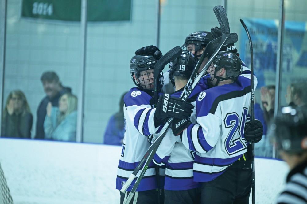 GVL / Emily Frye      
Grand Valley celebrates after a goal during the game against Michigan State on Friday Jan. 27, 2017.