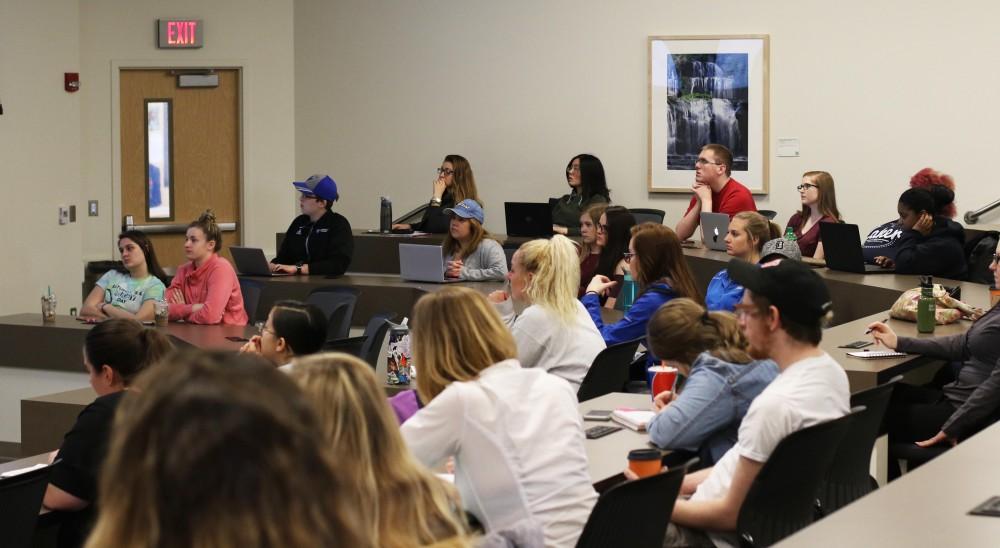 GVL/Meghan McBrady - Students gather to listen to the talk by Omar Lizardo, a professor of sociology at the University of Notre Dame, who spoke Friday, March 24, 2017 at the P. Douglas Kindschi Hall of Science.