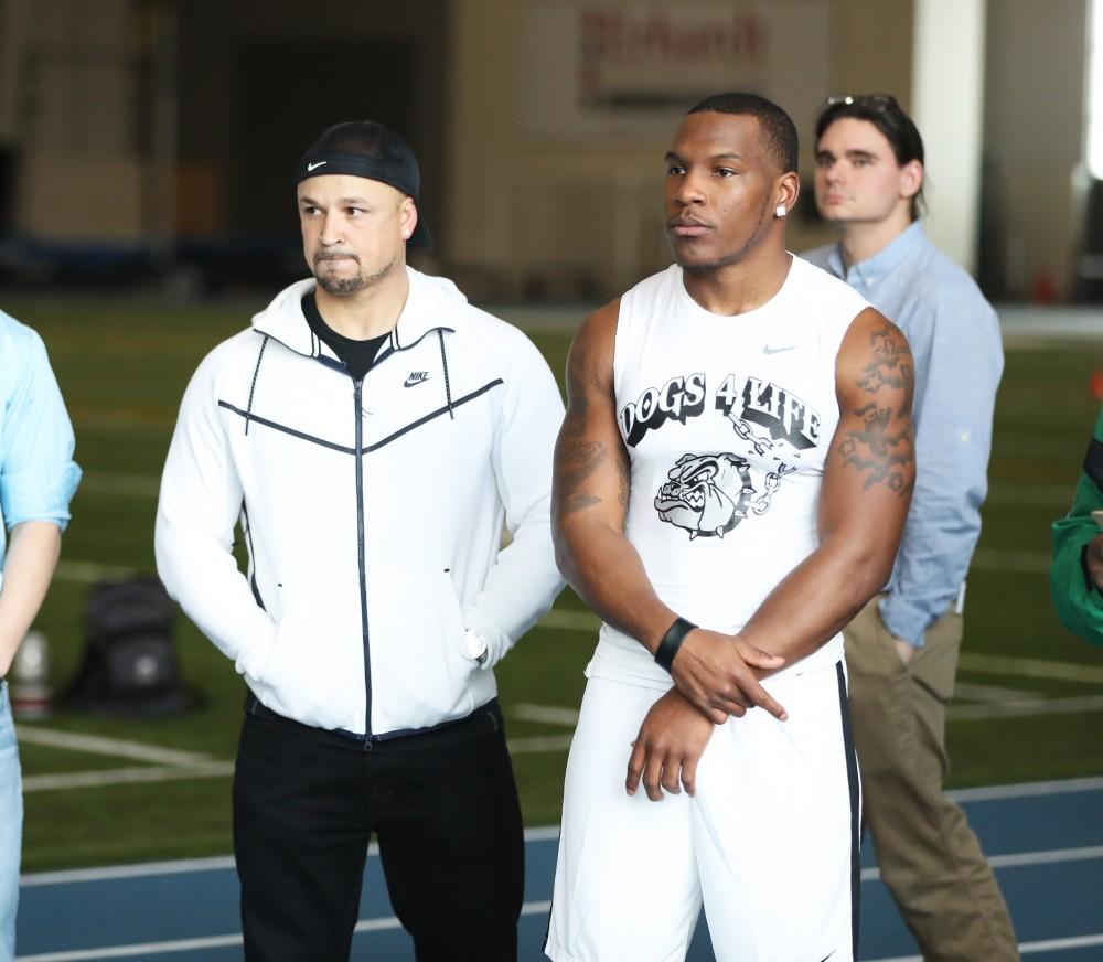 GVL/Kevin Sielaff - Marquez Gollman stands ready to do his bench press during Pro Day inside the Kelly Family Sports Center on Monday, Mar. 20, 2017.