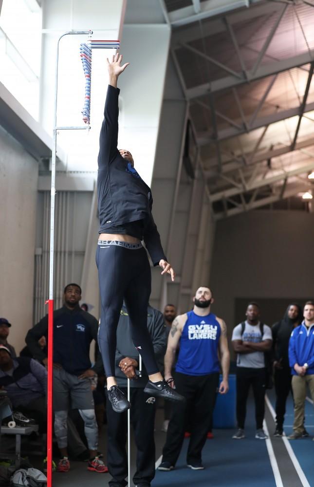 GVL/Kevin Sielaff - David Talley participates in the vertical jump during Pro Day inside the Kelly Family Sports Center on Monday, Mar. 20, 2017.