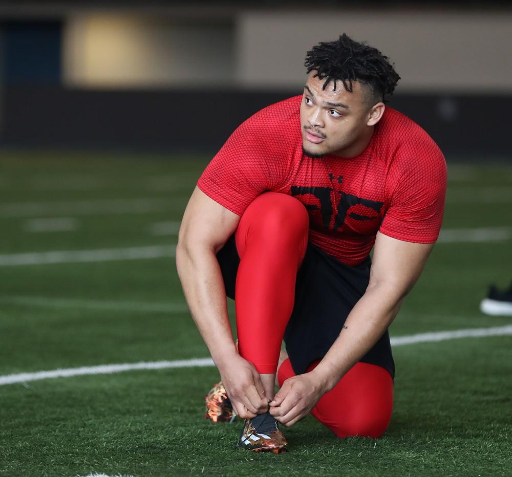 GVL/Kevin Sielaff - DéOndre Hogan gets ready to participate in the broad jump during Pro Day inside the Kelly Family Sports Center on Monday, Mar. 20, 2017.