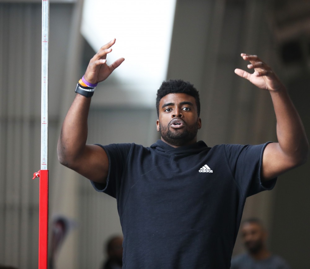 GVL/Kevin Sielaff - Sydney Omameh participates in the vertical jump during Pro Day inside the Kelly Family Sports Center on Monday, Mar. 20, 2017.