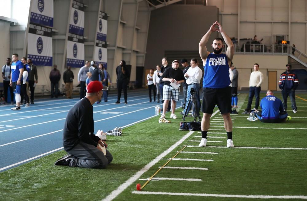 GVL/Kevin Sielaff - Alton Voss participates in the broad jump during Pro Day inside the Kelly Family Sports Center on Monday, Mar. 20, 2017.