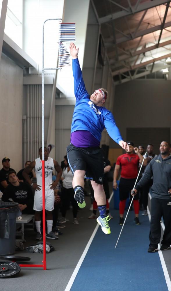 GVL/Kevin Sielaff - Aaron Cox participates in the vertical jump during Pro Day inside the Kelly Family Sports Center on Monday, Mar. 20, 2017.