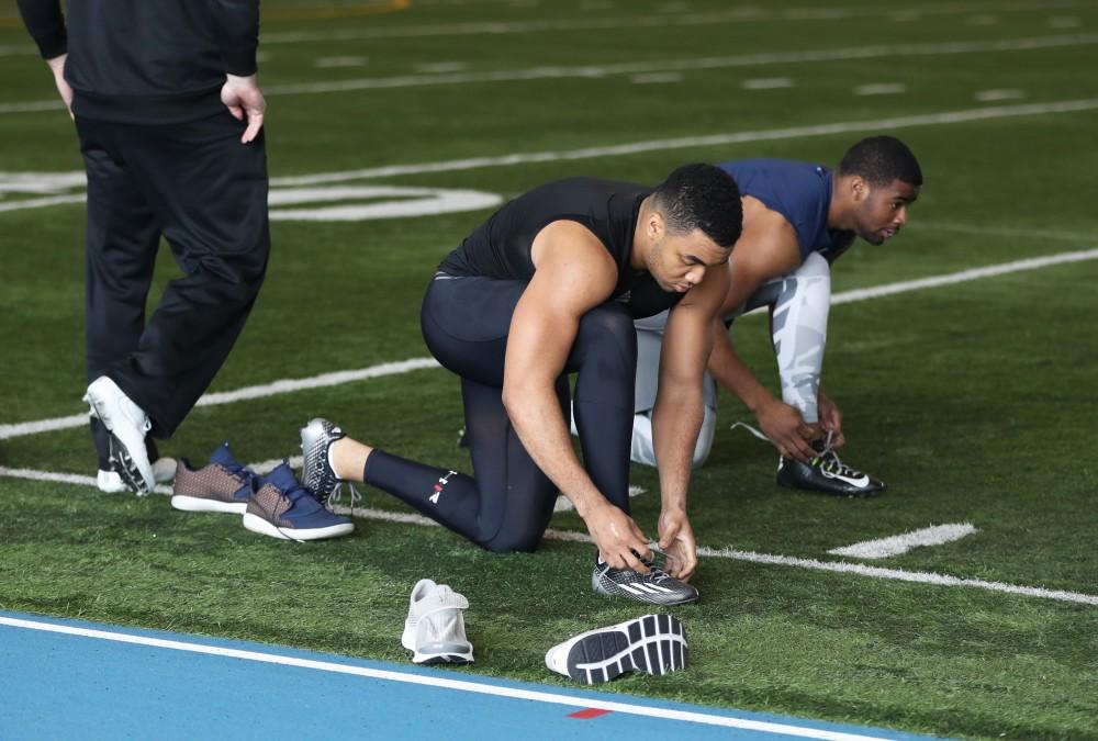 GVL/Kevin Sielaff - David Talley gets ready to participate in the broad jump during Pro Day inside the Kelly Family Sports Center on Monday, Mar. 20, 2017.