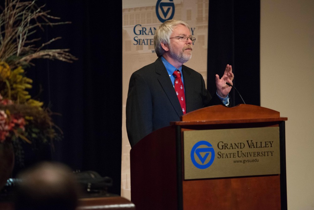 GVL / Luke Holmes - Thomas Meyer is introduced to speak. Thomas Meyer held a lecture in the Loosemore Auditorium on Thursday, Mar. 23, 2016.