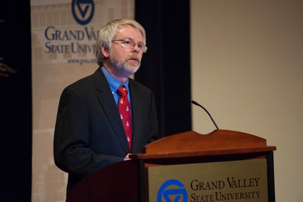 GVL / Luke Holmes - Thomas Meyer is introduced to speak. Thomas Meyer held a lecture in the Loosemore Auditorium on Thursday, Mar. 23, 2016.