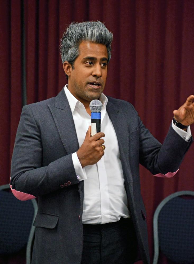 GVL / Hannah ZajacAnand Giridharadas, author of The True American, talks about his book to a group of students and faculty in Kirkoff Center, on Mar. 23, 2017​