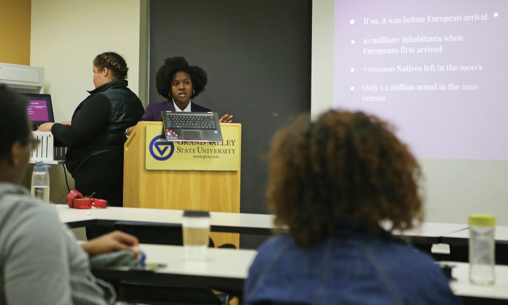 GVL / Emily FryeCheyanna Green-Molett presents during Grand Valley State Universitys NAACP group on Monday Feb. 27, 2017.