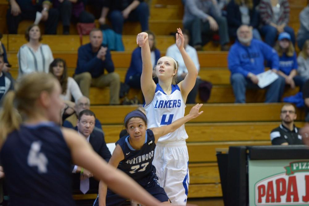 GVL / Luke Holmes - Jenn DeBoer (4) takes the three. GVSU Women’s Basketball defeated Northwood in the Fieldhouse Arena on Tuesday, Feb. 28, 2016.