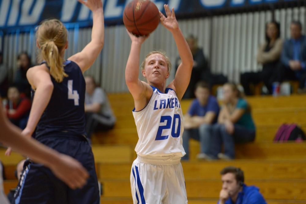 GVL / Luke Holmes - Janae Langs (20) takes the three. GVSU Women’s Basketball defeated Northwood in the Fieldhouse Arena on Tuesday, Feb. 28, 2016.