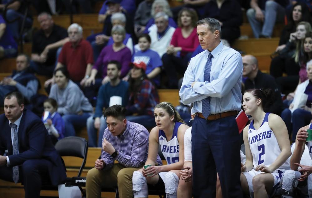 GVL/Kevin Sielaff - Mike Williams looks on toward the play from the bench during the game against Northern Michigan on Saturday, Feb. 18, 2017 inside the Fieldhouse Arena in Allendale.