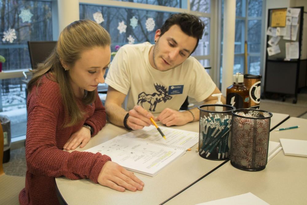 GVL/Mackenzie Bush - Daniel Taccolini and Haleigh Hunter work together in the Writing Center Tuesday, Jan. 17, 2017. 