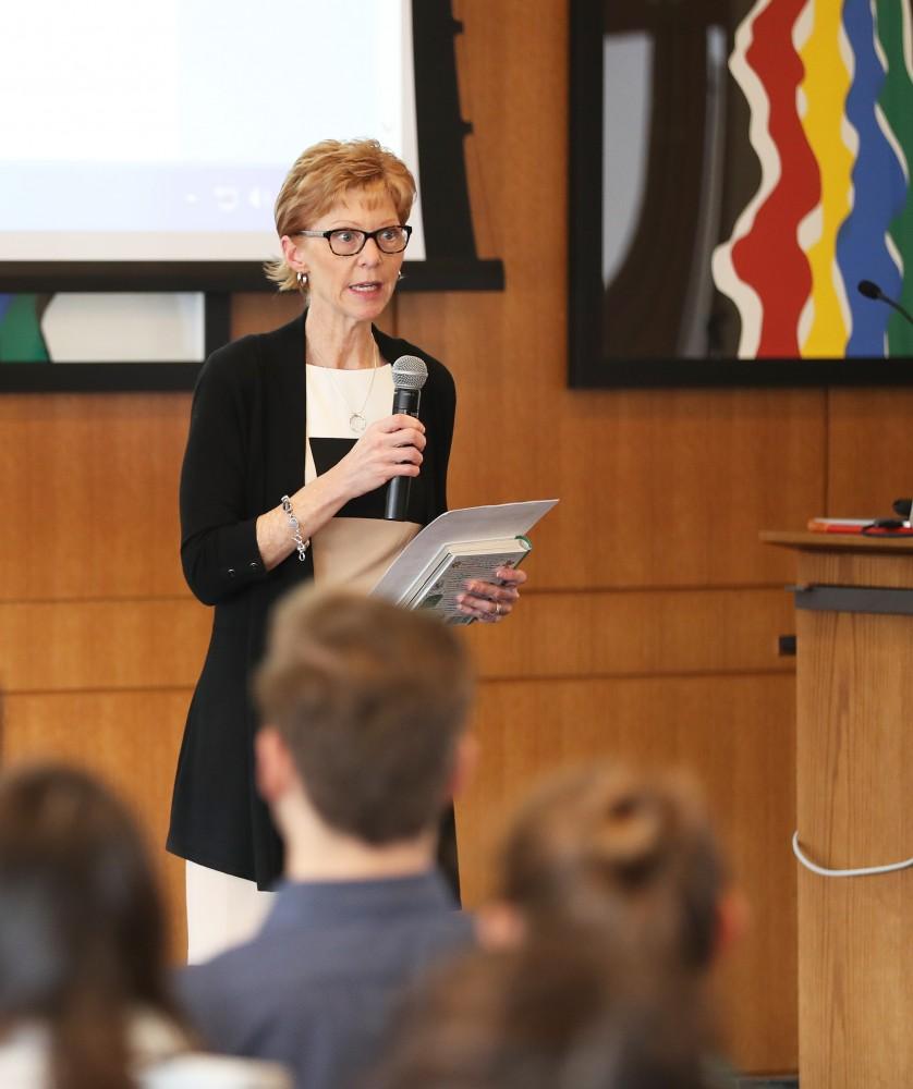 GVL/Kevin Sielaff - Linda Chamberlain introduces Nate Young, the senior vice president of global innovation at Newell Rubbermaid, on Monday, Mar. 20, 2017, inside the L. William Seidman Center.