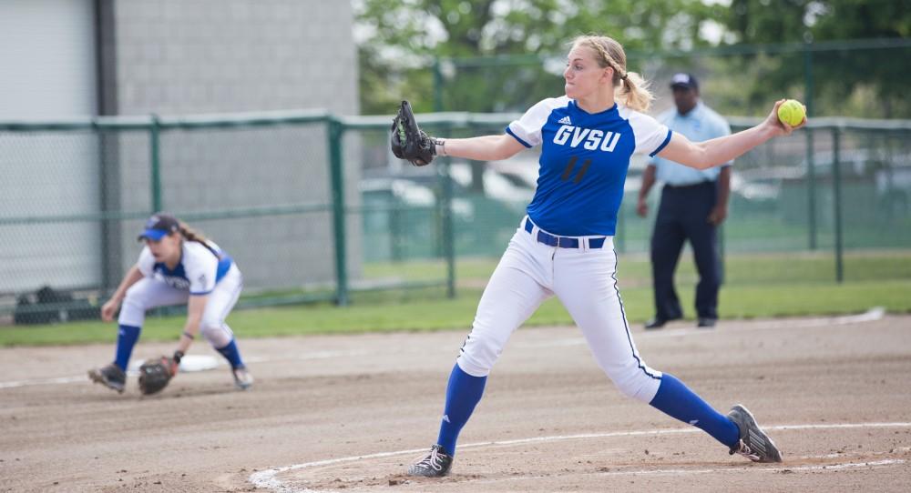 GVL/Kevin Sielaff - Ellie Balbach (11) throws a pitch toward home plate. Grand Valley State squares off against Wayne State in the second game of the Midwest Super Regional tournament. The Lakers came out with the victory with a final score of 1-0 on Thursday, May 12, 2016 in Detroit, MI. 