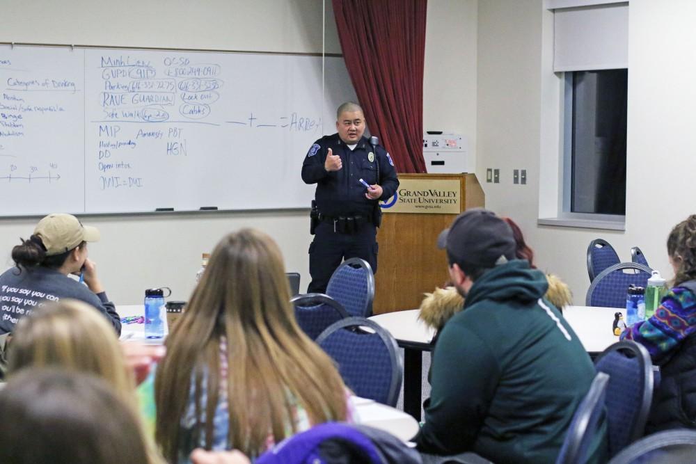 GVL / Emily Frye      
Grand Valley's Officer Min teaches a group of students about being safe with substances on Wednesday Jan. 25, 2016.