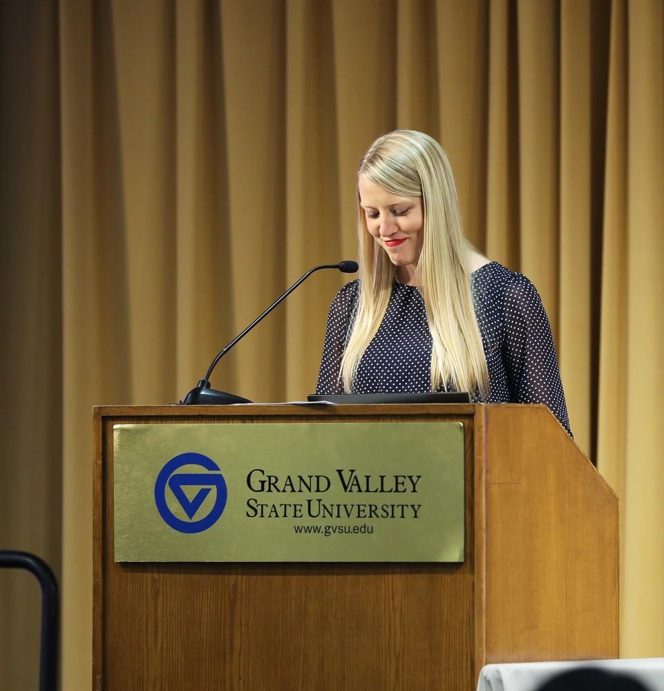 GVL/Kevin Sielaff - Ashley Shulte speaks during the Women's Commission Awards inside the Kirkhof Center on Thursday, March 30, 2017.