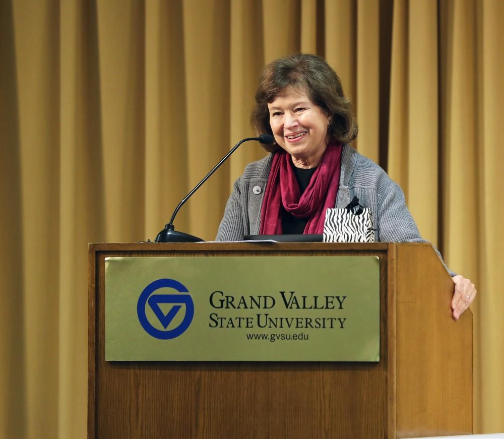 GVL/Kevin Sielaff - Gayle Davis accepts the Lifetime Achievement Award during the Women's Commission Awards inside the Kirkhof Center on Thursday, March 30, 2017.