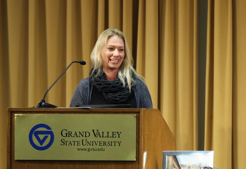 GVL/Kevin Sielaff - Autumn Gorsline-Davis, the academic department coordinator for Modern Languages and Literatures, is awarded the Unsung Hero Award during the Womens Commission Awards inside the Kirkhof Center on Thursday, March 30, 2017.