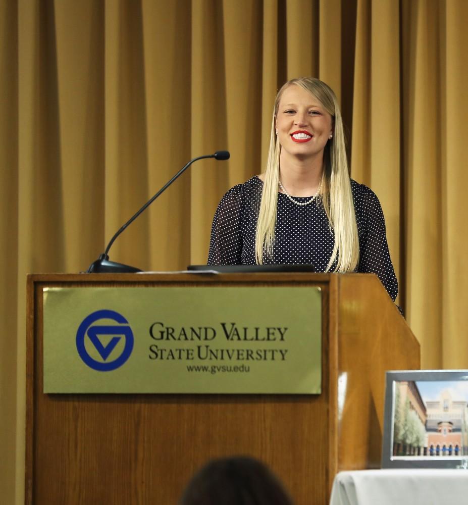 GVL/Kevin Sielaff - Ashley Shulte speaks during the Women's Commission Awards inside the Kirkhof Center on Thursday, March 30, 2017.