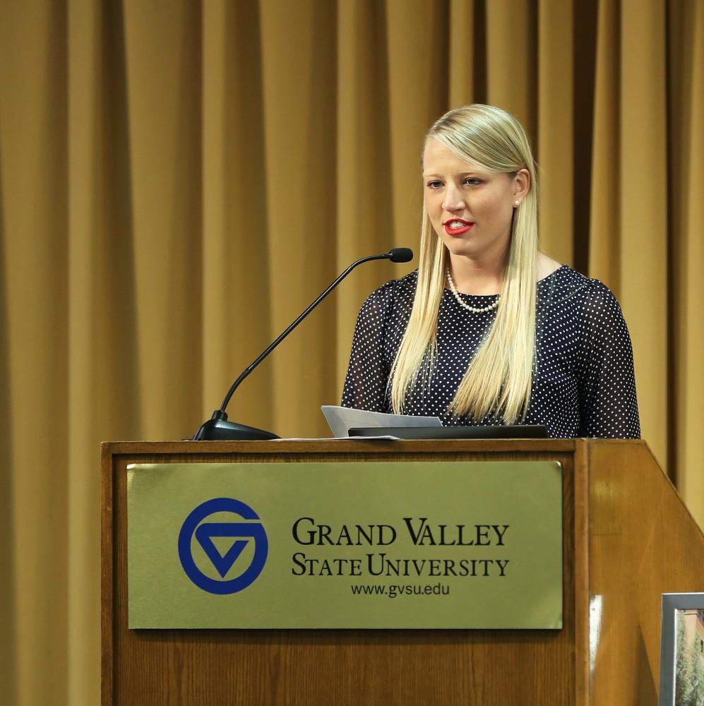 GVL/Kevin Sielaff - Ashley Shulte speaks during the Women's Commission Awards inside the Kirkhof Center on Thursday, March 30, 2017.