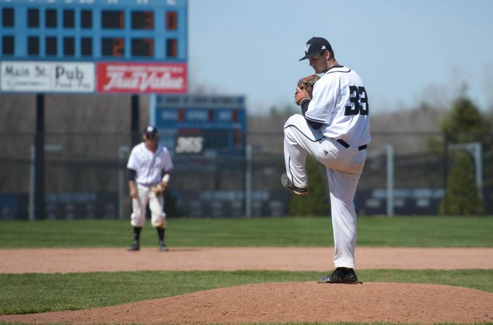 GVL / Luke Holmes -  Jake Mason (33) throws the pitch. GVSU Mens Baseball faced off against Ohio Dominican in a double header on Saturday, April 8, 2017.