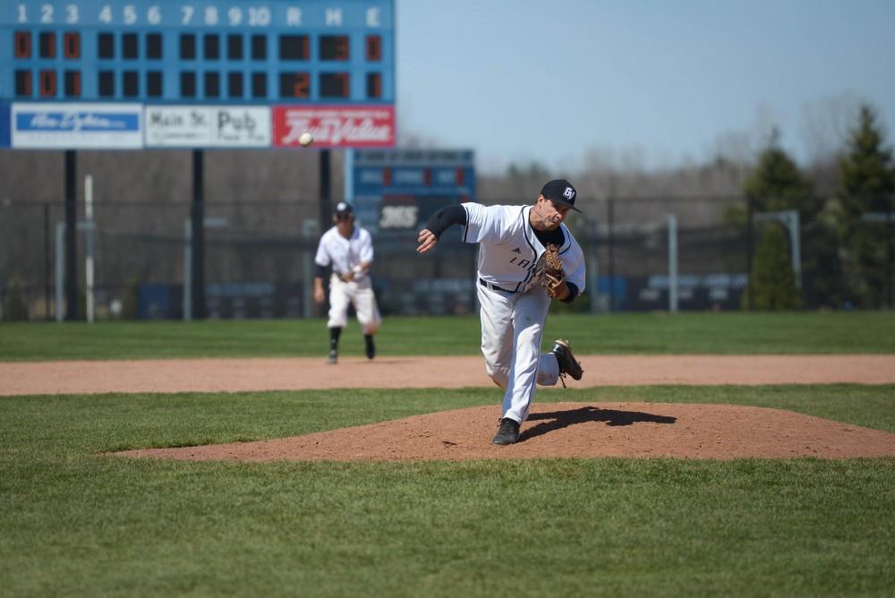 GVL / Luke Holmes - Anthony Villar (17) crushes the ball. GVSU Men’s Baseball played a double-header against Tiffin University on Saturday, April 1, 2016.