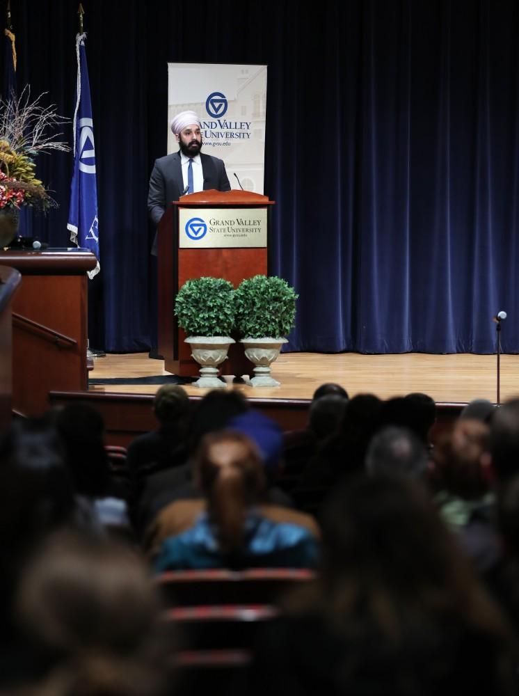 GVL/Kevin Sielaff - Dr. Simran Jeet Singh speaks to the crowd gathered at Loosemore Auditorium in downtown Grand Rapids on Thursday, March 30, 2017.