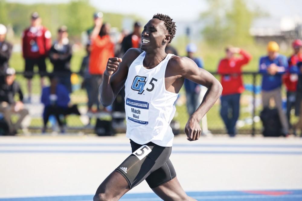 GVL/Kevin Sielaff
Wuoi Mach runs in the Mens 1,500 meter race on the first day of competition. Grand Valley State University hosts, for the second year in a row, the annual NCAA Division II Track and Field Championship competitions Thursday, May 21, 2015 through Saturday, May 23, 2015. 