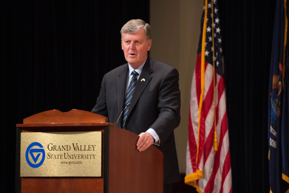 GVL / Luke Holmes - President T. Haas gives his speech. The Civic Engagement Showcase was held in the DeVos Center in downtown Grand Rapids on Thursday, April 13, 2017.