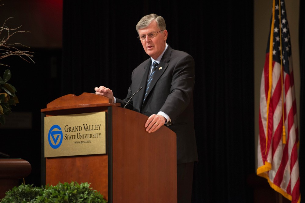 GVL / Luke Holmes - President Haas gives his speech. The Civic Engagement Showcase was held in the DeVos Center in downtown Grand Rapids on Thursday, April 13, 2017.