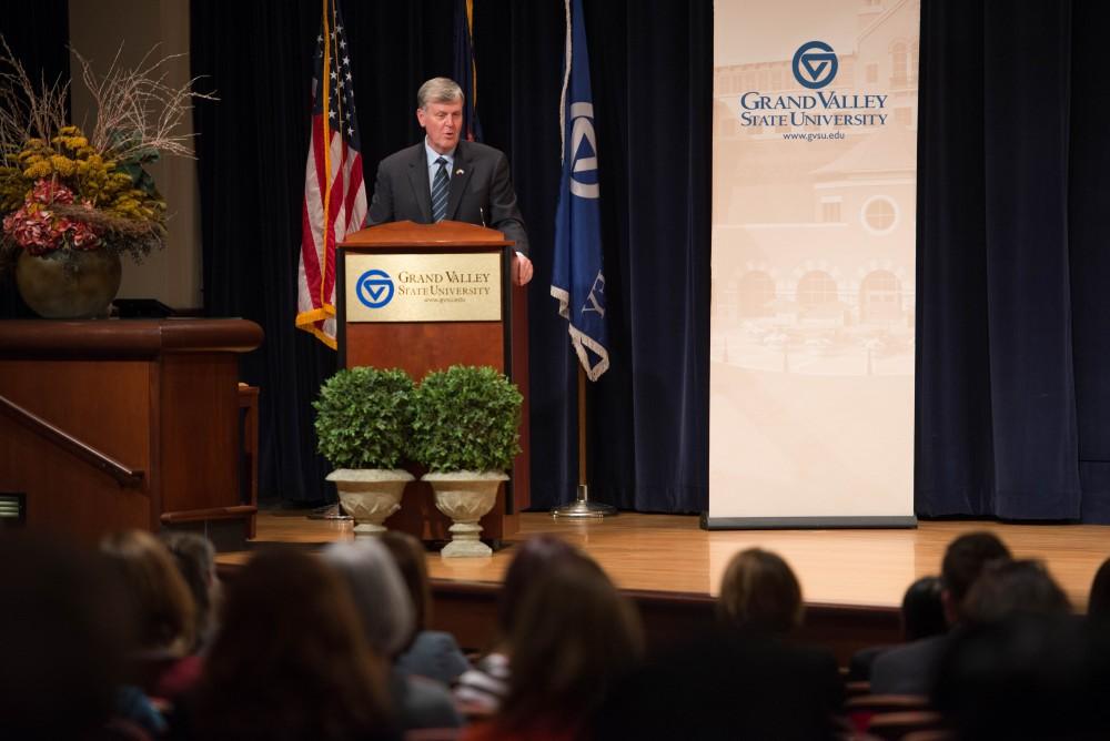 GVL / Luke Holmes - President Haas gives his speech. The Civic Engagement Showcase was held in the DeVos Center in downtown Grand Rapids on Thursday, April 13, 2017.