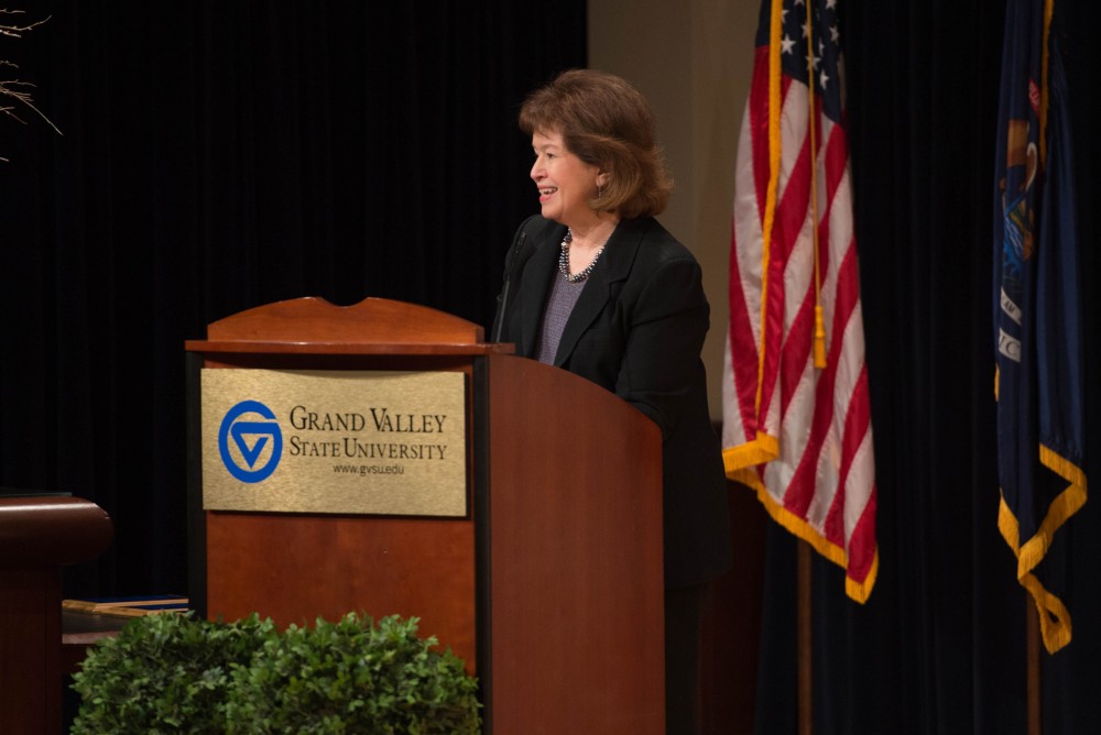 GVL / Luke Holmes - Provost Davis gives her speech. The Civic Engagement Showcase was held in the DeVos Center in downtown Grand Rapids on Thursday, April 13, 2017.