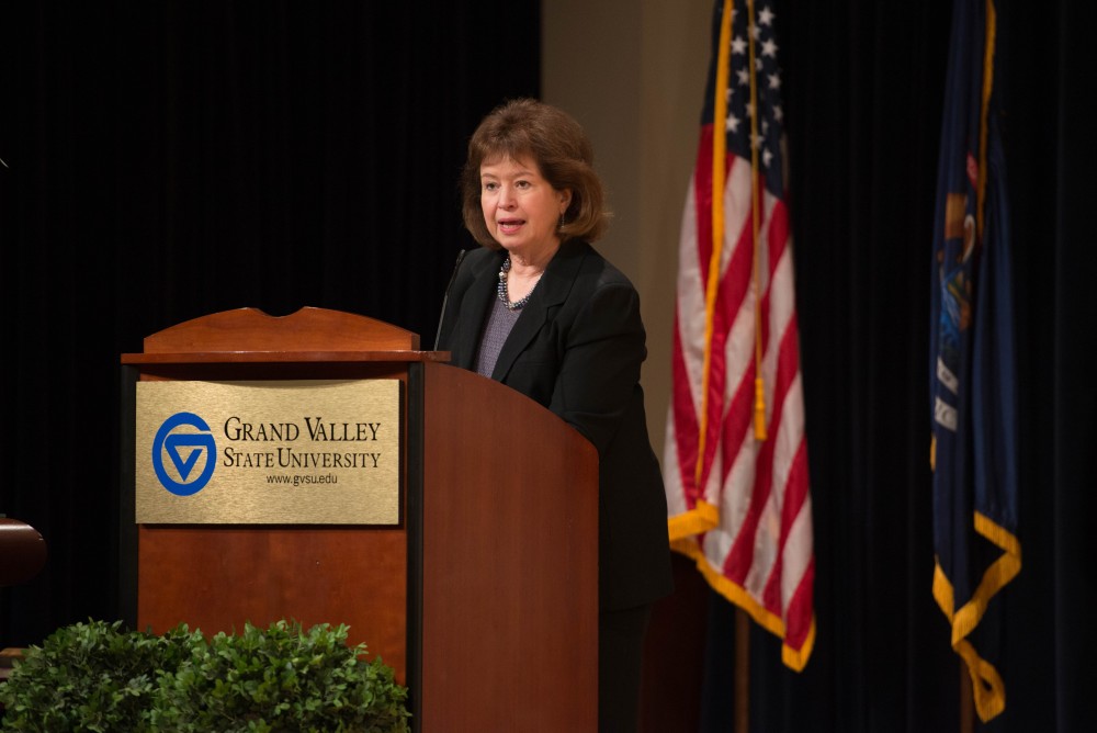 GVL / Luke Holmes - Provost Davis gives her speech. The Civic Engagement Showcase was held in the DeVos Center in downtown Grand Rapids on Thursday, April 13, 2017.