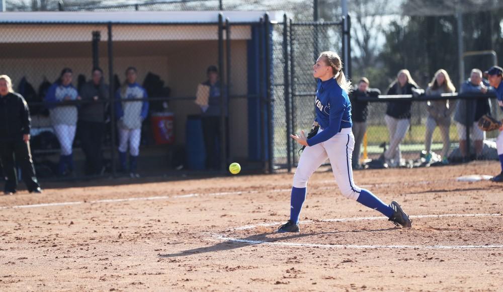 GVL/Kevin Sielaff - Ellie Balbach (11) throws a pitch during the game vs. Lewis on Tuesday, March 28, 2017.