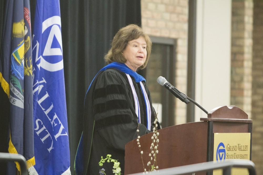 GVL/Mackenzie Bush - Gayle Davis speaks at the start of the ceremony. The Student Awards Convocation Ceremony was held in the Eberhard Center Monday, April 10, 2017. 