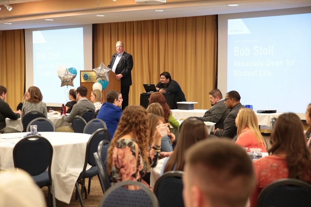 GVL / Courtesy - Student Life Video Team
Bob Stoll speaks during the Student Life Awards Ceremony on Thursday, April 16, 2015. This years awards ceremony will be held on Thursday, April 20, 2017 in the Kirkhof Center.