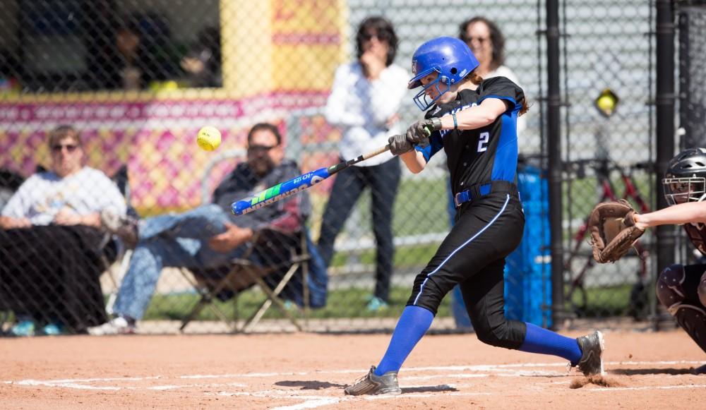 GVL / Kevin Sielaff –  Kelsey Dominguez (2) takes a swing and makes solid contact with the ball. Grand Valley takes the victory over Walsh in both games held in Allendale on Saturday, April 23, 2016.