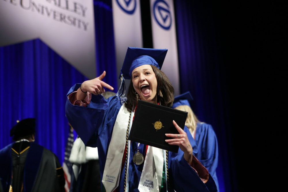 GVL / Emily Frye
Katie Gipe receives her diploma during the Grand Valley State University commencement on Saturday April 29, 2017.