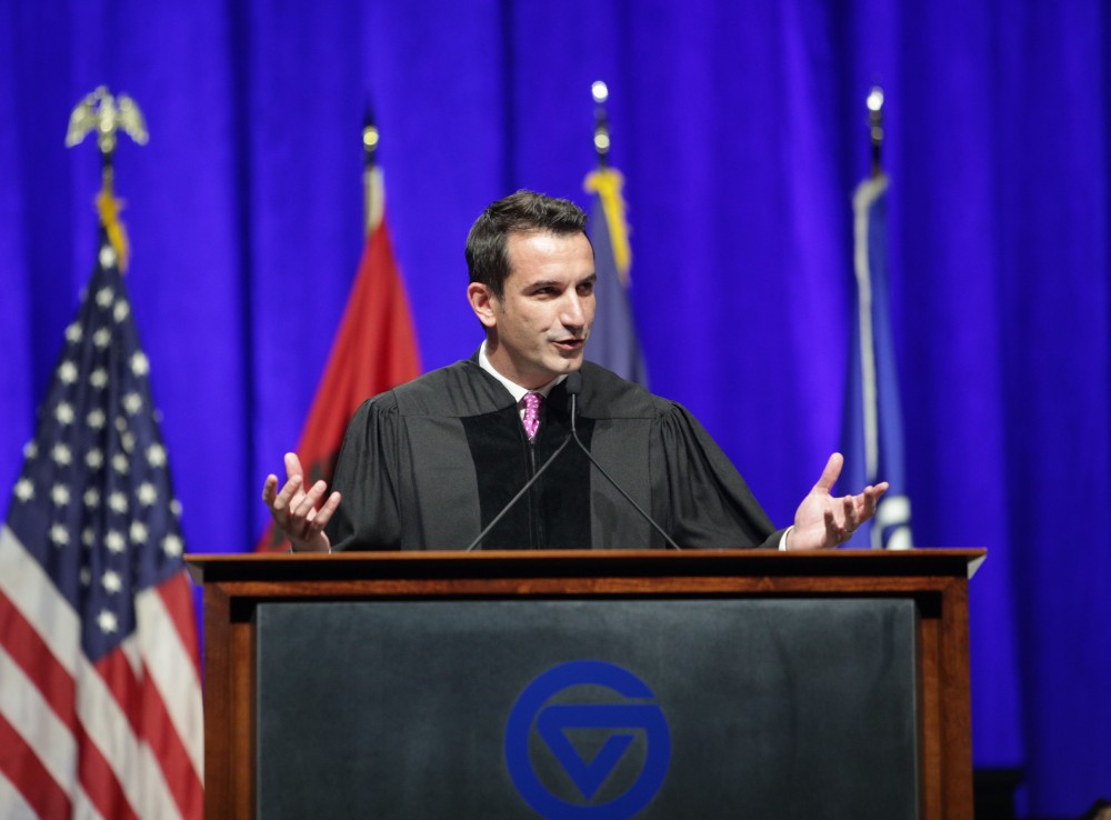 GVL / Emily Frye
Mayor of the capital city of Albania speaks to the Grand Valley State Univeristy graduates during graduation on Saturday April 29, 2017.