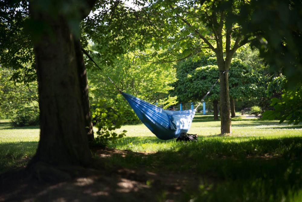 GVL / Luke Holmes - A student hammocks in the arboretum. Grand Valleys campus offers beautiful scenery, especially in the summer time Monday,  June 5, 2017.