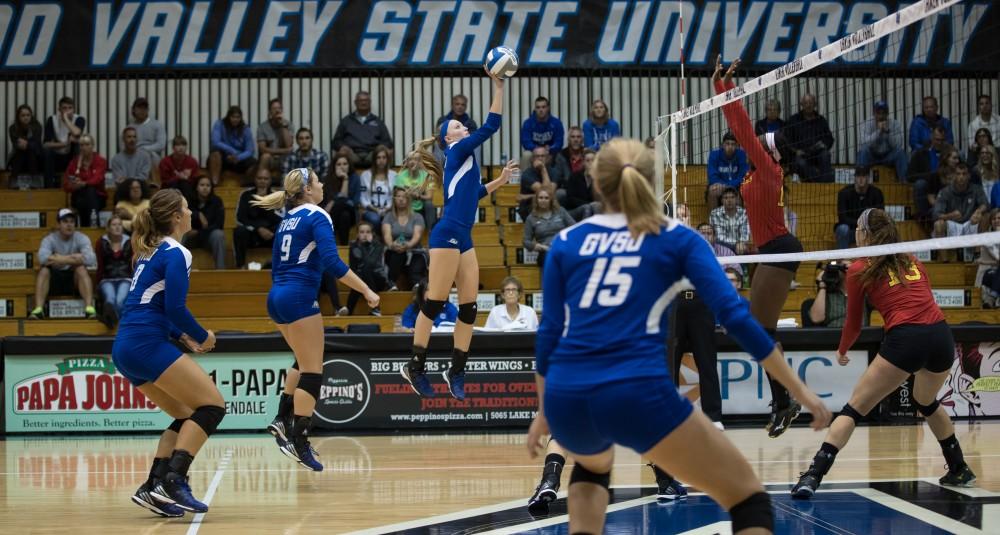 GVL/Kevin Sielaff - Kendall Yerkes (2) jumps and sends the ball over the net. The Lakers fall to the Bulldogs of Ferris State with a final score of 1-3 Tuesday, Sept. 27, 2016 in Allendale.