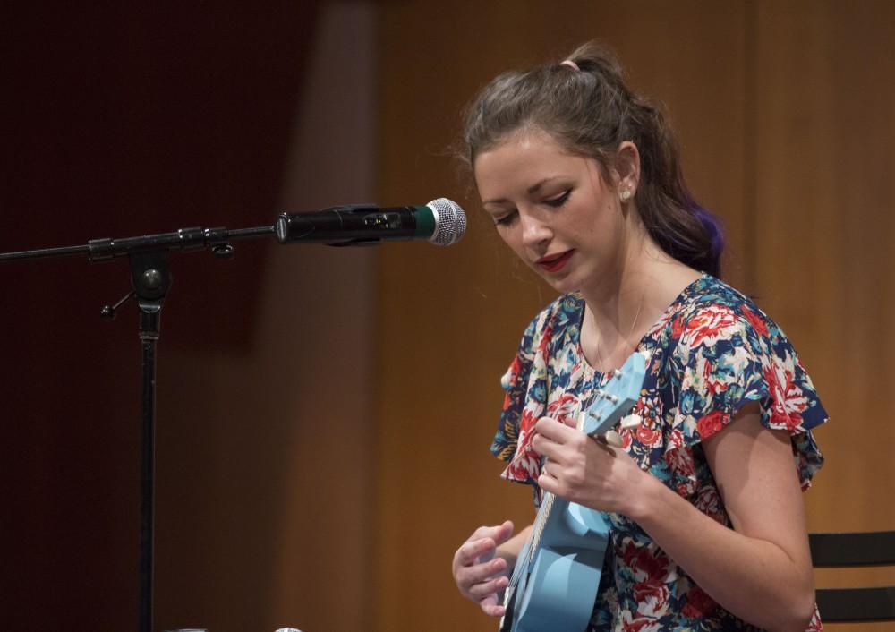 GVL/Mackenzie Bush - Lilly Greenwood sings and plays ukulele at Grand Valley’s Got Talent Tuesday, Nov. 1, 2016 in the Cook Dewitt Center. 