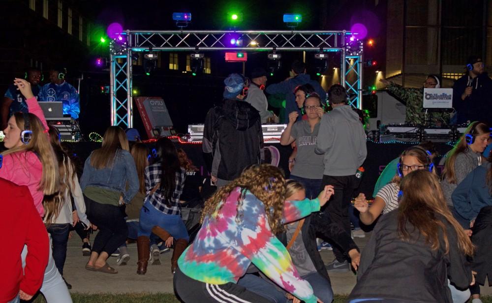 GVL / Hannah Hill   Students dancing and getting the night started at the silent disco on Friday, September, 9th. The dance was open to all students and provided an opportunity to stay involved in the Grand Valley Community