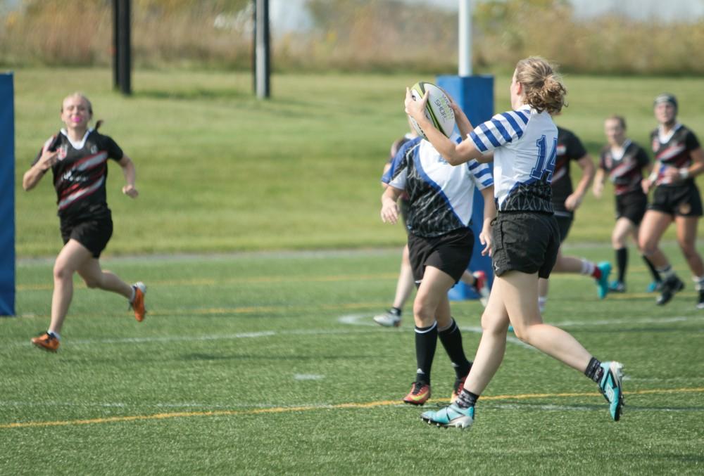 GVL/ Hannah Zajac 
Grand Valley State University Women's Rugby vs. Saginaw Valley State Univeristy on Saturday September 16, 2017. 