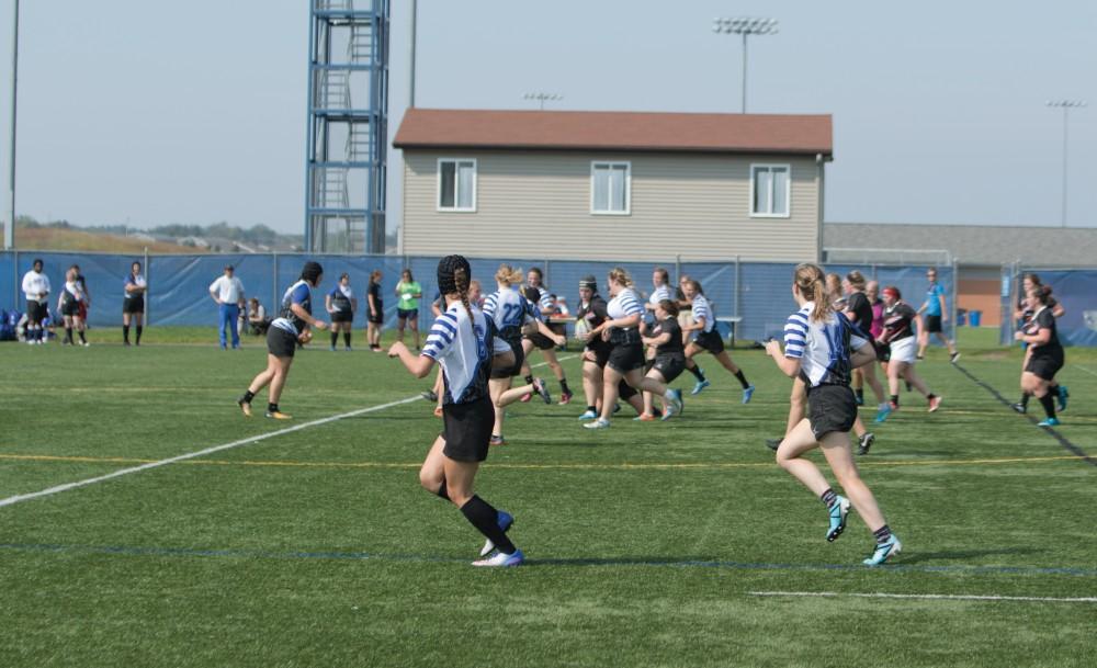 GVL/ Hannah Zajac 
Grand Valley State University Women's Rugby vs. Saginaw Valley State Univeristy on Saturday September 16, 2017. 