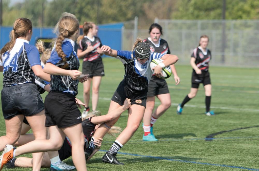 GVL/ Hannah Zajac 
Grand Valley State University Women's Rugby vs. Saginaw Valley State Univeristy on Saturday September 16, 2017. 