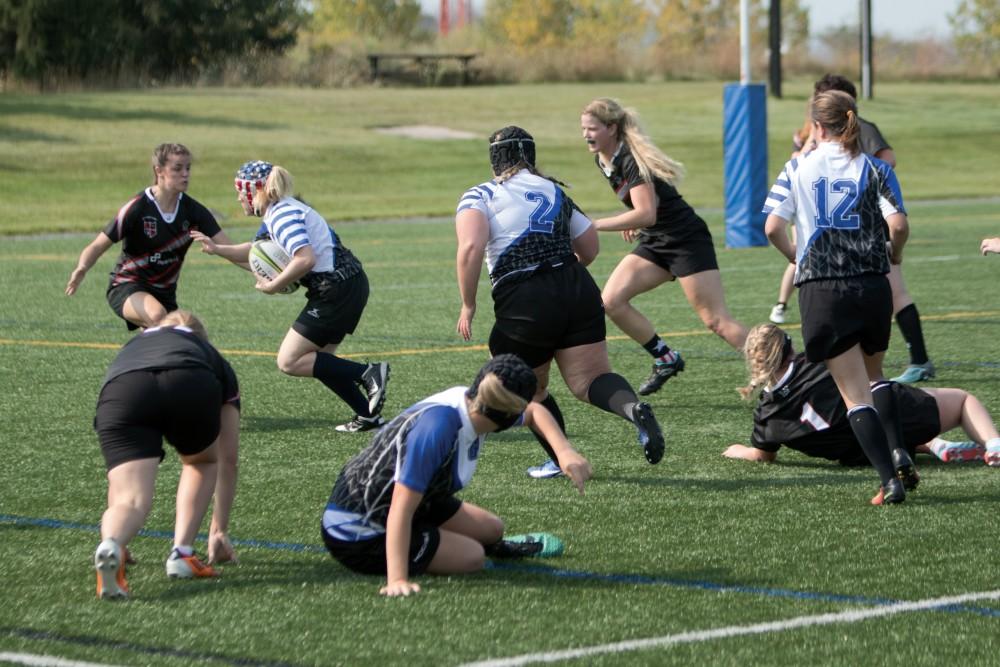 GVL/ Hannah Zajac 
Grand Valley State University Women's Rugby vs. Saginaw Valley State Univeristy on Saturday September 16, 2017. 