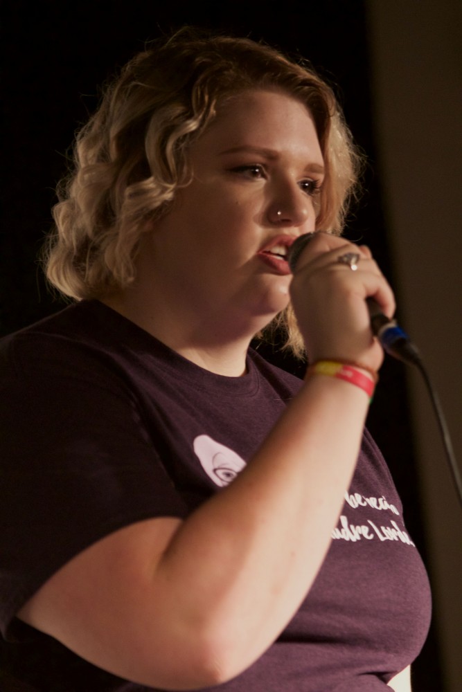 GVL/Mackenzie Bush - Brianna Bost performs at Oppression Out Loud Poetry Slam, presented by Eyes Wide Open, Thursday, Nov. 10, 2016 in Area 51. 